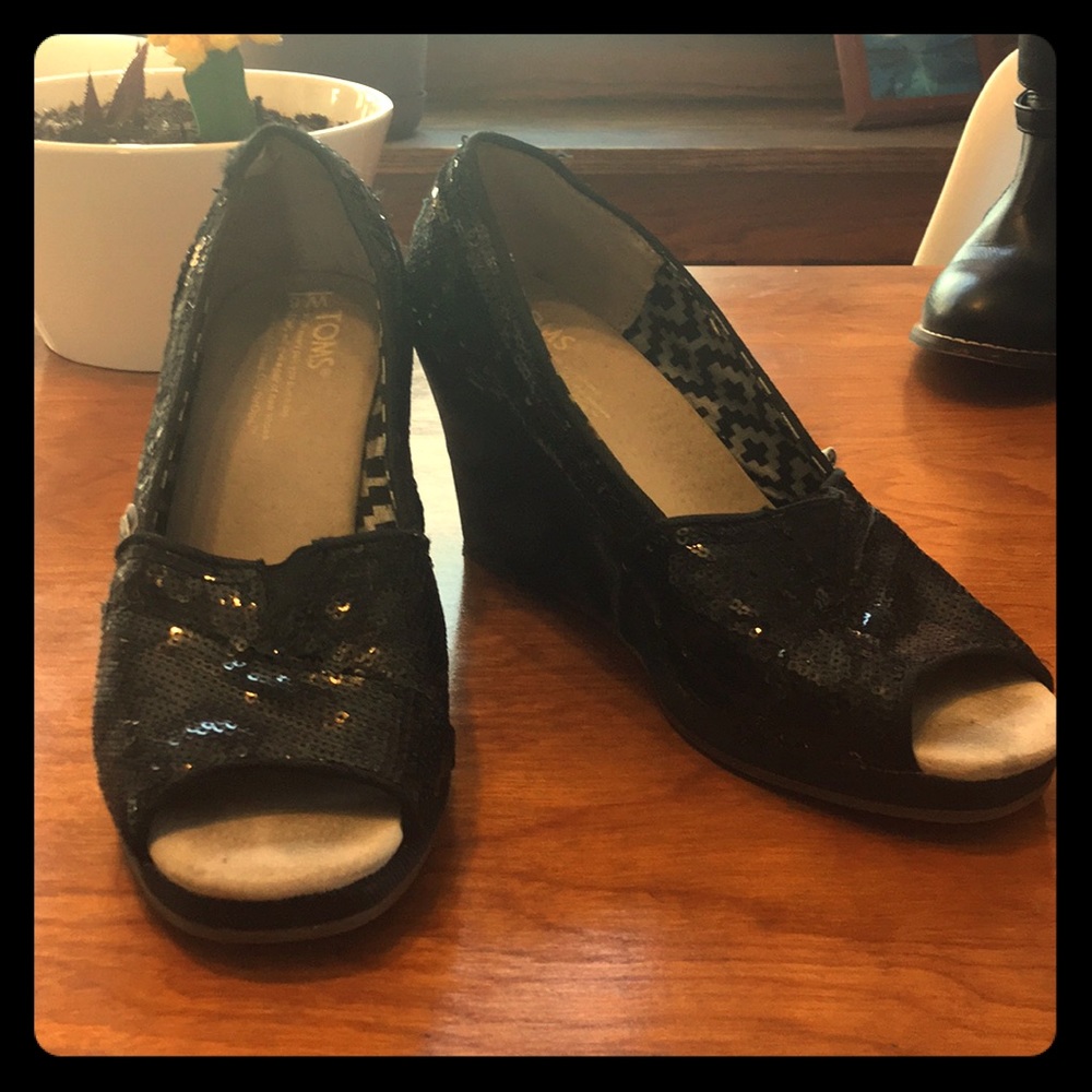 Black sequined TOMS wedges.  Size 6